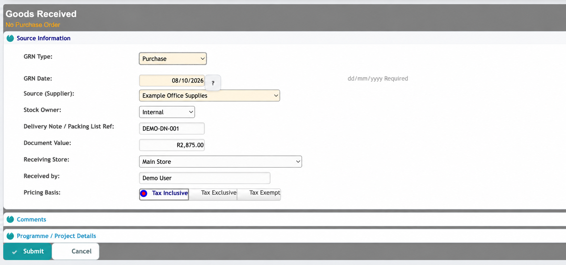 CloudTASK Direct GRN capture form with fictitious supplier, delivery reference, document value, receiving store and receiver